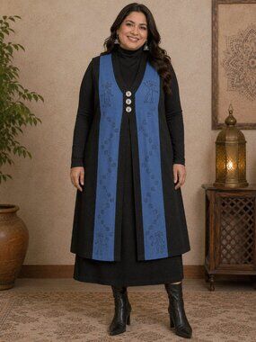 VTG Venus Imports Longline Kokopelli Duster Vest 2X Black Blue 100% Cotton